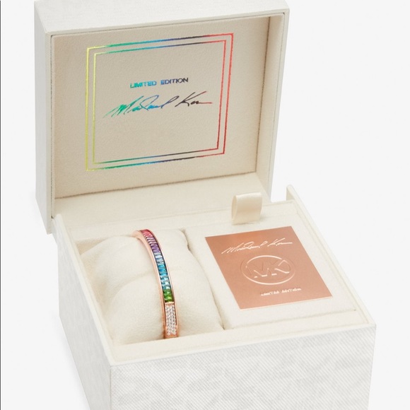 Michael Kors Limited Edition 14K Rose Gold Rainbow Pave’ Logo Bangle - Picture 4 of 5